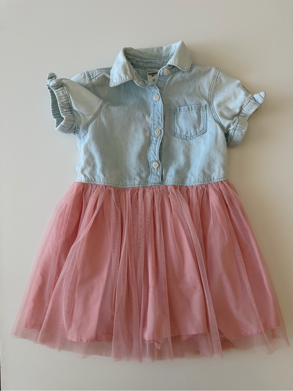 Oshkosh Girls 3T Denim and Pink Tulle Short Sleeve Dress